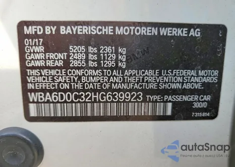 2017 BMW 640 I Gran Coupe z USA, uszkodzony, nr VIN WBA6D0C32HG639923